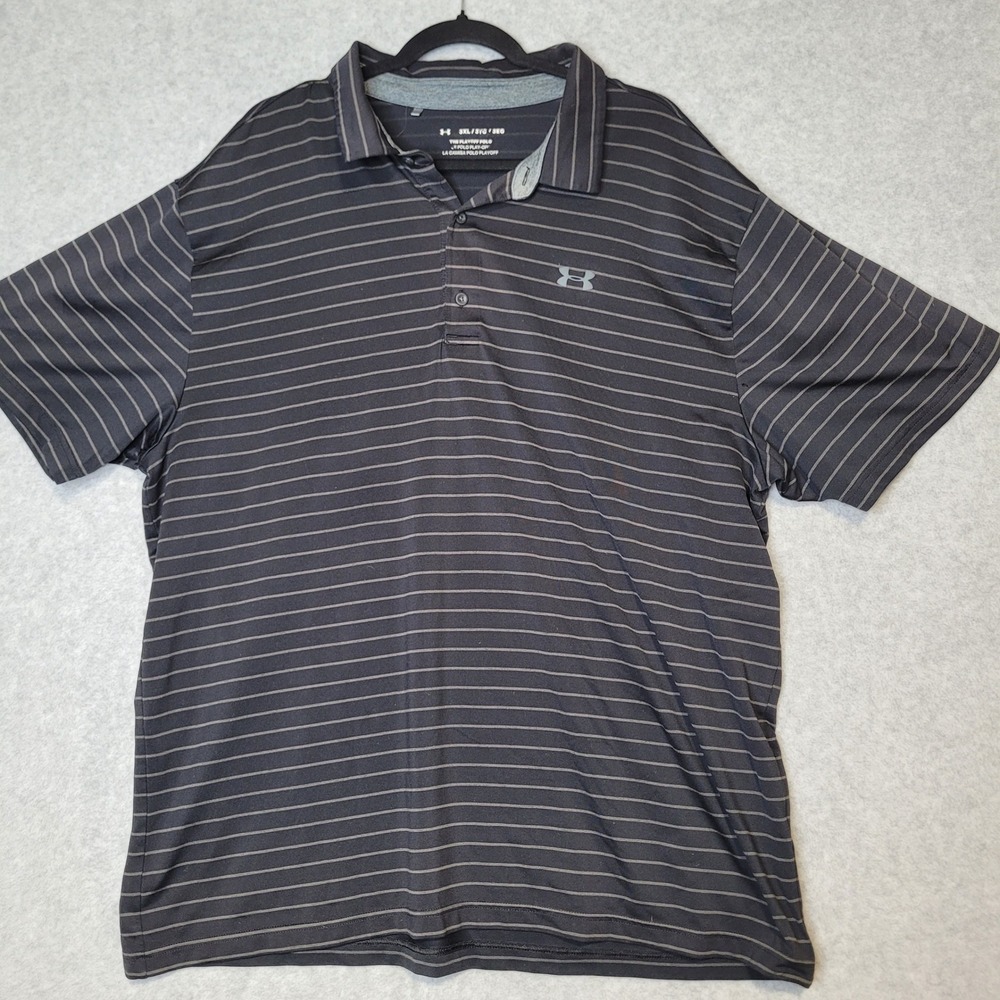 Under Armour Mens 3XL Playoff Polo Shirt Black Grey Striped Loose Fit Golf Tee
